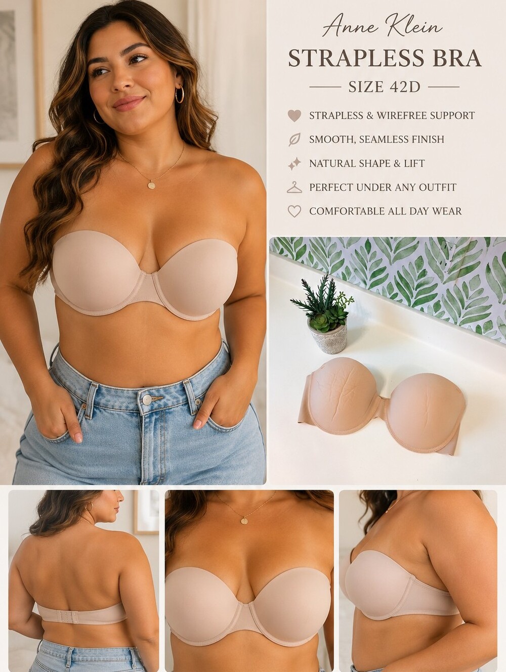 Nude Tan Anne Klein Strapless Bra 42D Neutral Minimalist Vacation